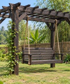 Giàn Hoa Pergola P40 - Xích Đu Treo Dưới Xà Ngang, Gỗ Thông Màu Gỗ Cháy
