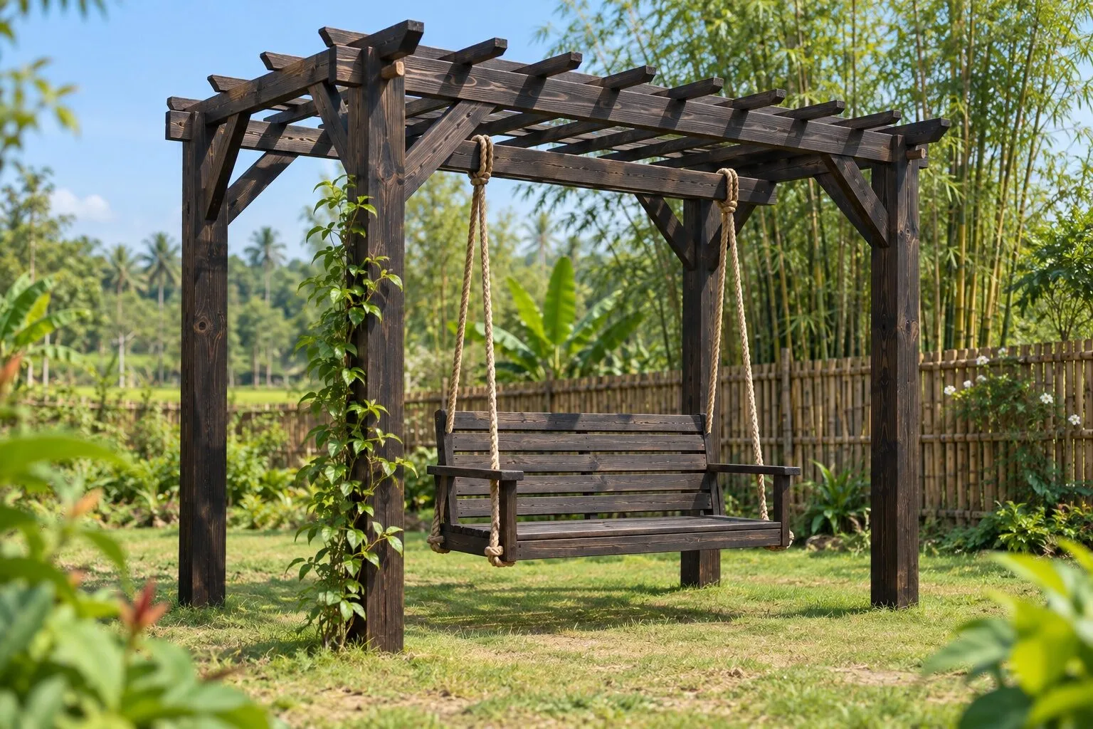 Giàn P40 gỗ cháy treo ghế xích đu đôi, rào tre và rặng tre phía sau