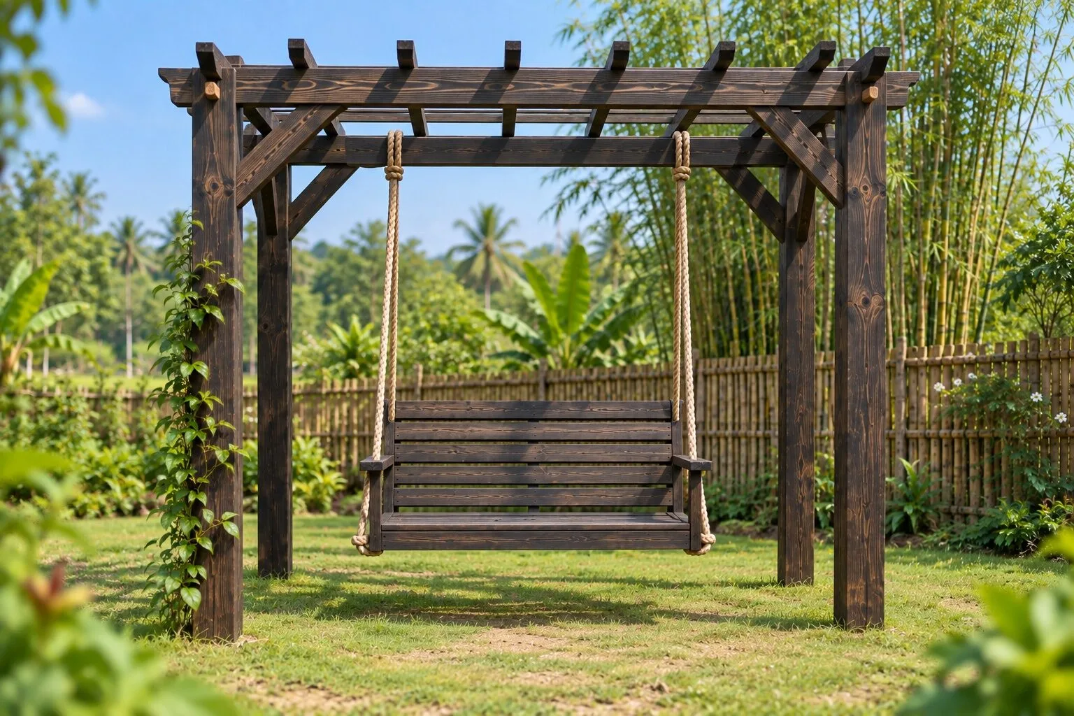Giàn pergola P40 gỗ cháy nhìn thẳng, ghế xích đu đôi tựa nan ngang treo bằng thừng dưới xà, rào tre và rặng tre phía sau