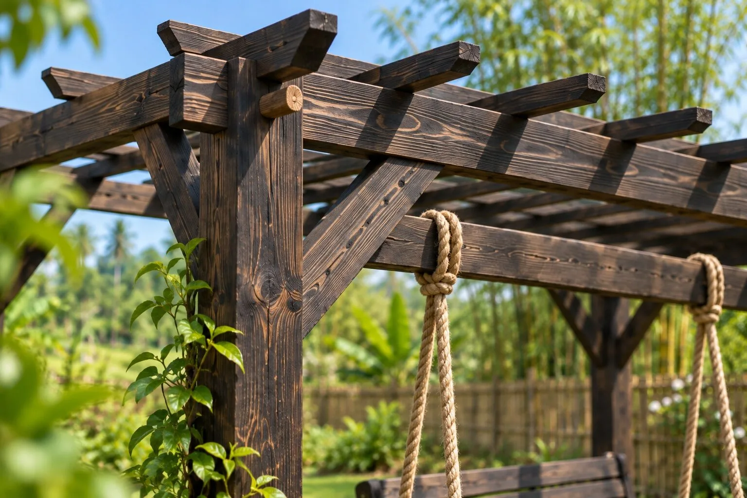 Cận giàn P40: thừng to quấn qua xà ngang, thanh chống chéo ở đầu cột gỗ cháy, chốt gỗ tròn ở mối nối