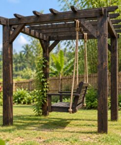 Giàn Hoa Pergola P40 - Xích Đu Treo Dưới Xà Ngang, Gỗ Thông Màu Gỗ Cháy