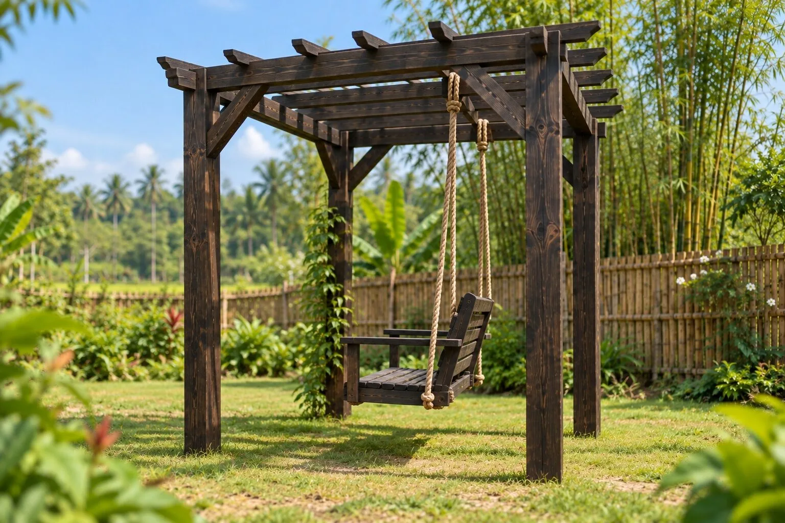 Giàn P40 nhìn từ bên hông, ghế đu treo thừng dưới mái nan thưa, bãi cỏ trống phía trước và sau ghế