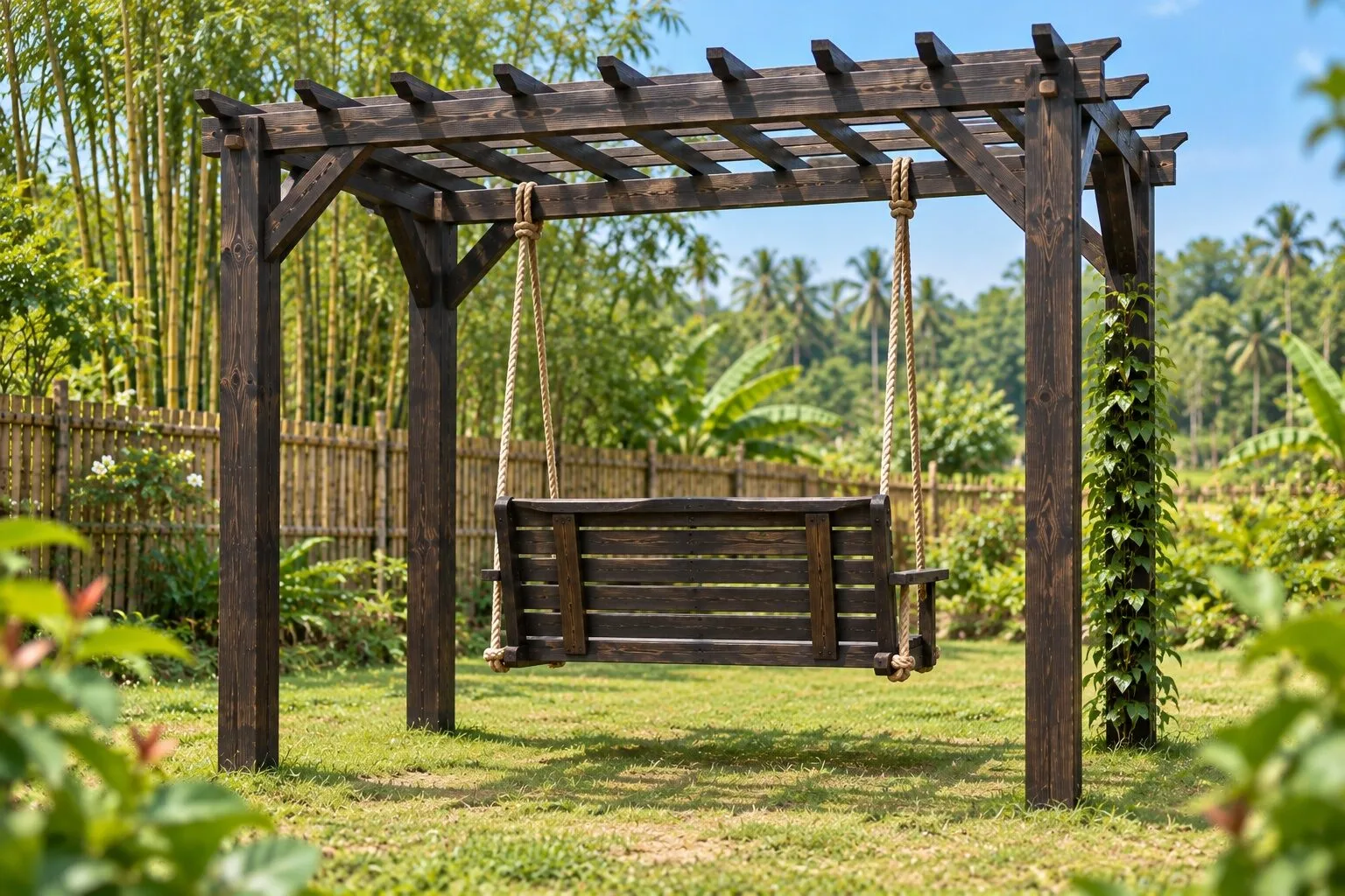 Giàn P40 nhìn chéo, ghế đu treo thừng, dây leo bò kín một cột, rặng tre và hàng cau phía xa