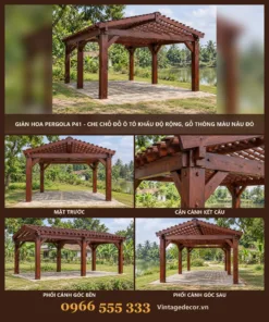 Giàn hoa pergola P41 che chỗ đỗ ô tô – ảnh ghép mặt trước, kết cấu, góc bên, góc sau
