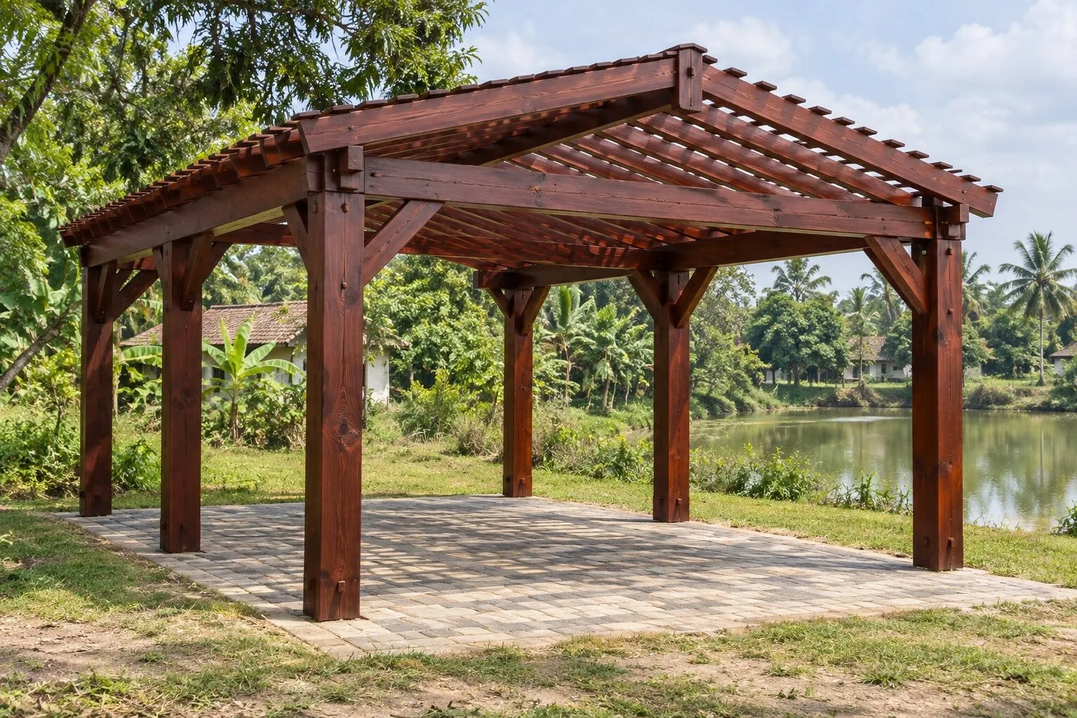 Pergola gỗ nâu đỏ khẩu độ rộng, sáu cột có thanh chống chéo, đặt cạnh hồ nước