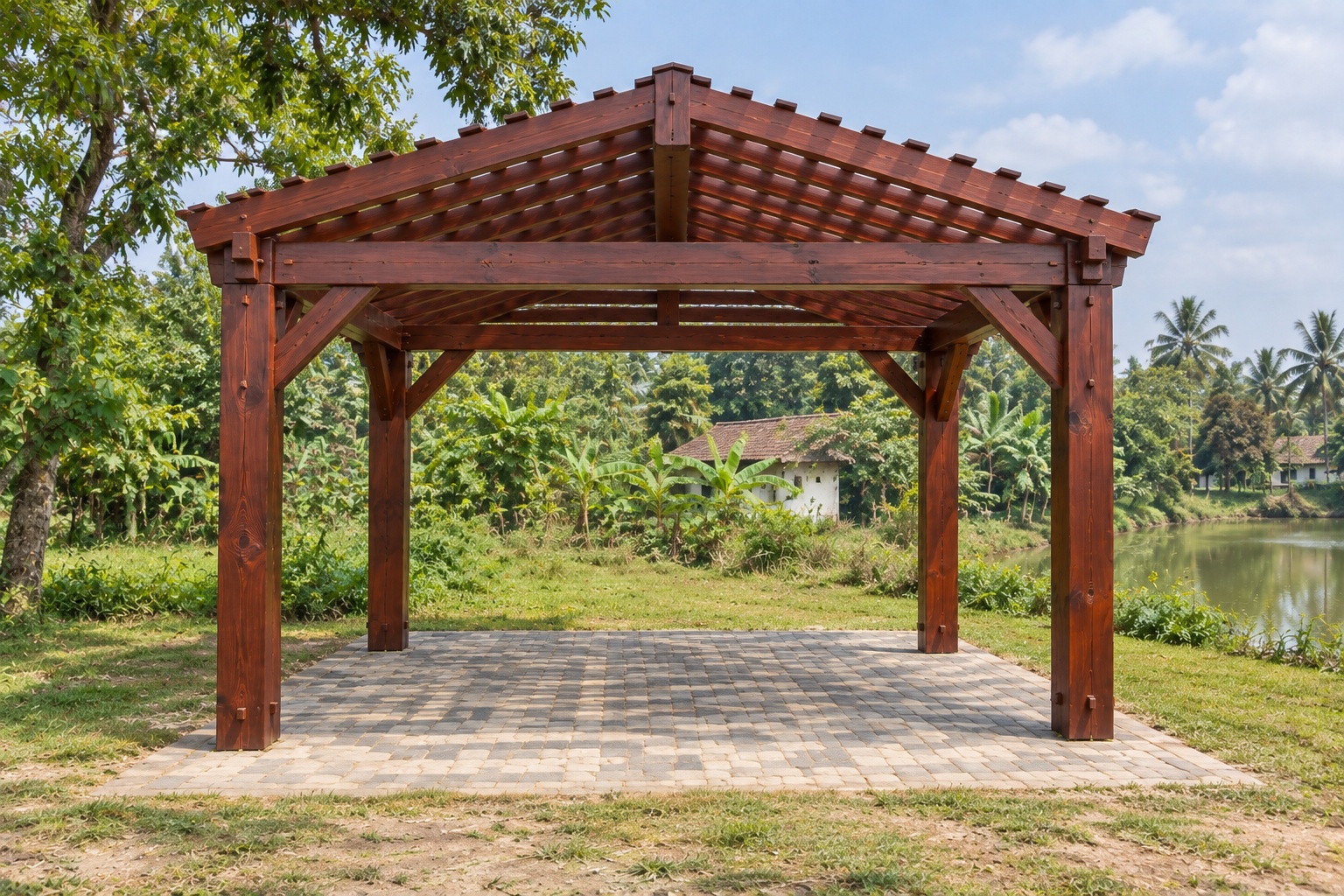 Giàn Hoa Pergola P41 - Che Chỗ Đỗ Ô Tô Khẩu Độ Rộng, Gỗ Thông Màu Nâu Đỏ Giàn Hoa Pergola P41 - Che Chỗ Đỗ Ô Tô Khẩu Độ Rộng, Gỗ Thông Màu Nâu Đỏ