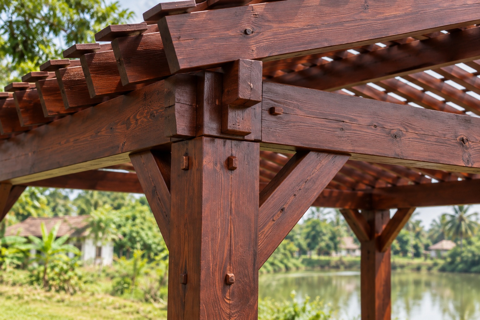 Giàn Hoa Pergola P41 - Che Chỗ Đỗ Ô Tô Khẩu Độ Rộng, Gỗ Thông Màu Nâu Đỏ Giàn Hoa Pergola P41 - Che Chỗ Đỗ Ô Tô Khẩu Độ Rộng, Gỗ Thông Màu Nâu Đỏ