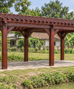 Giàn Hoa Pergola P41 - Che Chỗ Đỗ Ô Tô Khẩu Độ Rộng, Gỗ Thông Màu Nâu Đỏ