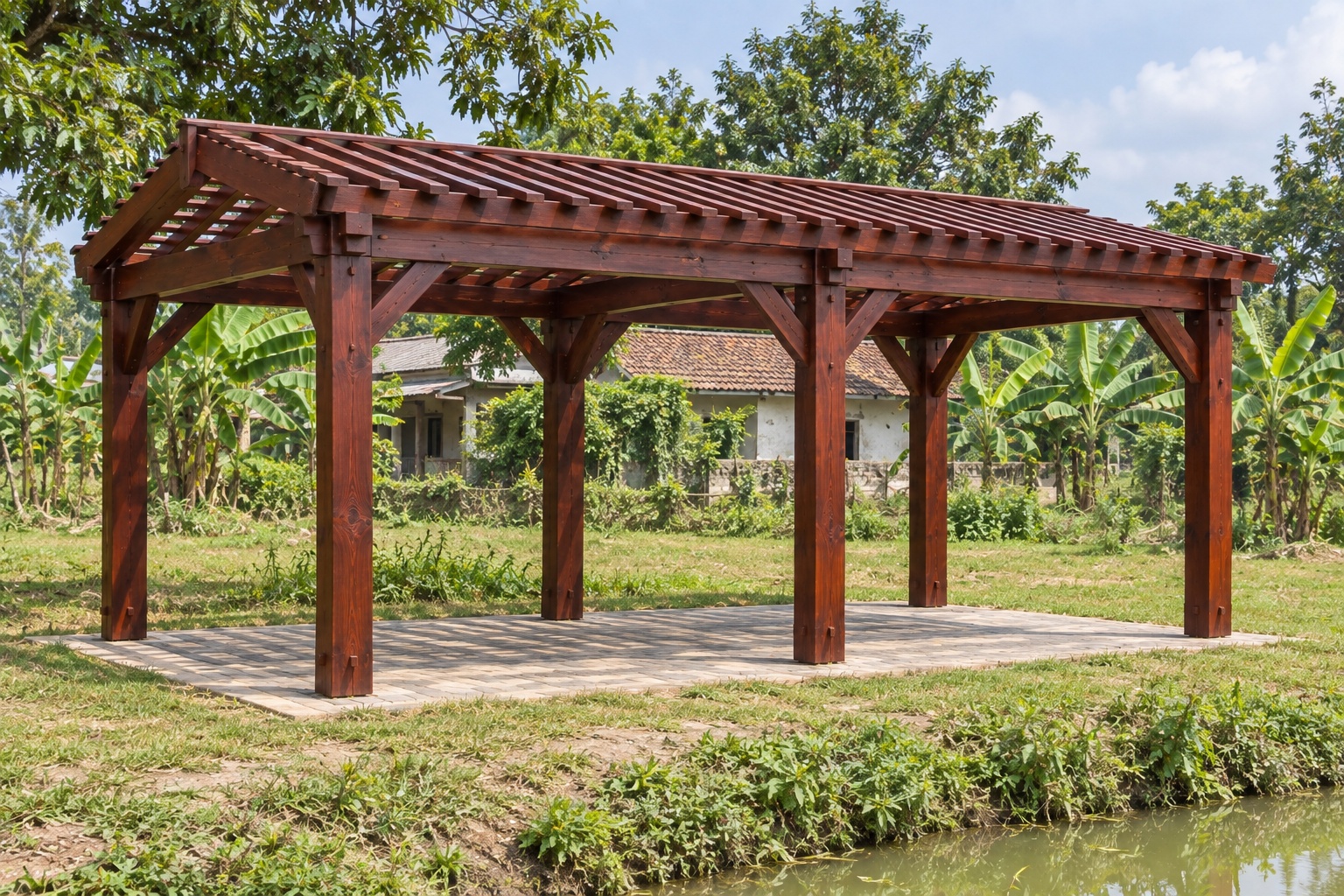 Giàn Hoa Pergola P41 - Che Chỗ Đỗ Ô Tô Khẩu Độ Rộng, Gỗ Thông Màu Nâu Đỏ Giàn Hoa Pergola P41 - Che Chỗ Đỗ Ô Tô Khẩu Độ Rộng, Gỗ Thông Màu Nâu Đỏ