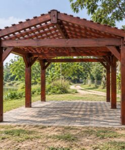Giàn Hoa Pergola P41 - Che Chỗ Đỗ Ô Tô Khẩu Độ Rộng, Gỗ Thông Màu Nâu Đỏ