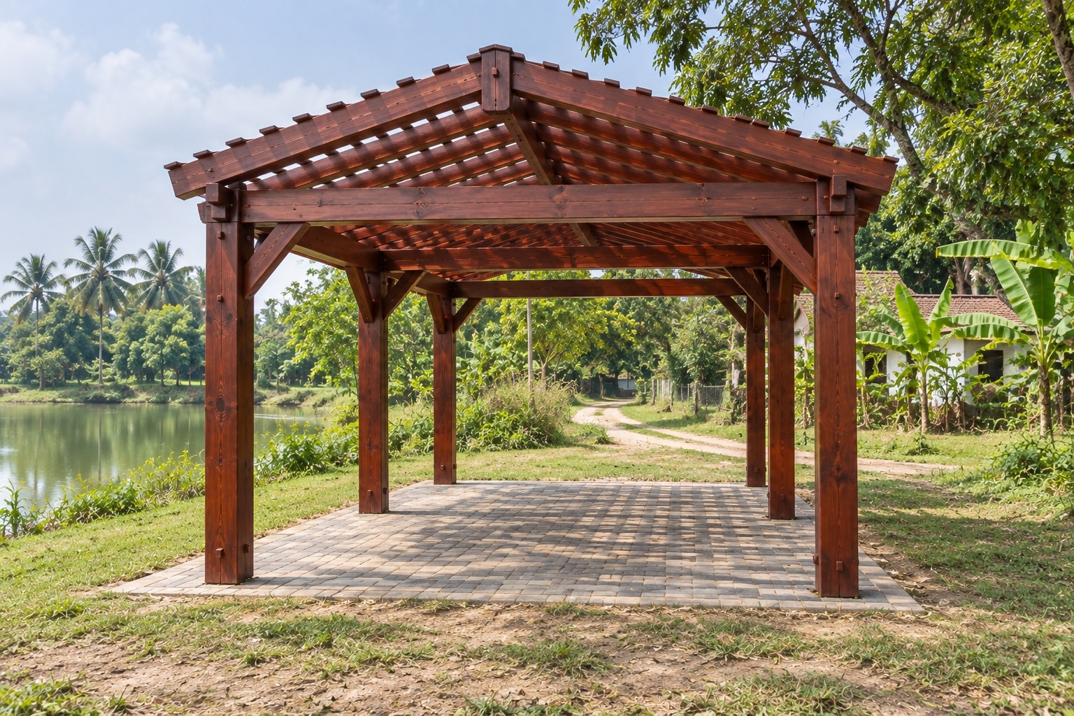 Giàn Hoa Pergola P41 - Che Chỗ Đỗ Ô Tô Khẩu Độ Rộng, Gỗ Thông Màu Nâu Đỏ Giàn Hoa Pergola P41 - Che Chỗ Đỗ Ô Tô Khẩu Độ Rộng, Gỗ Thông Màu Nâu Đỏ