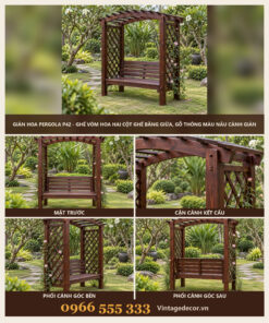 Giàn Hoa Pergola P42 - Ghế Vòm Hoa Hai Cột Ghế Băng Giữa, Gỗ Thông Màu Nâu Cánh Gián