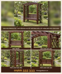 Ghế vòm hoa pergola P42 ghế băng giữa – ảnh ghép mặt trước, kết cấu, góc bên, góc sau