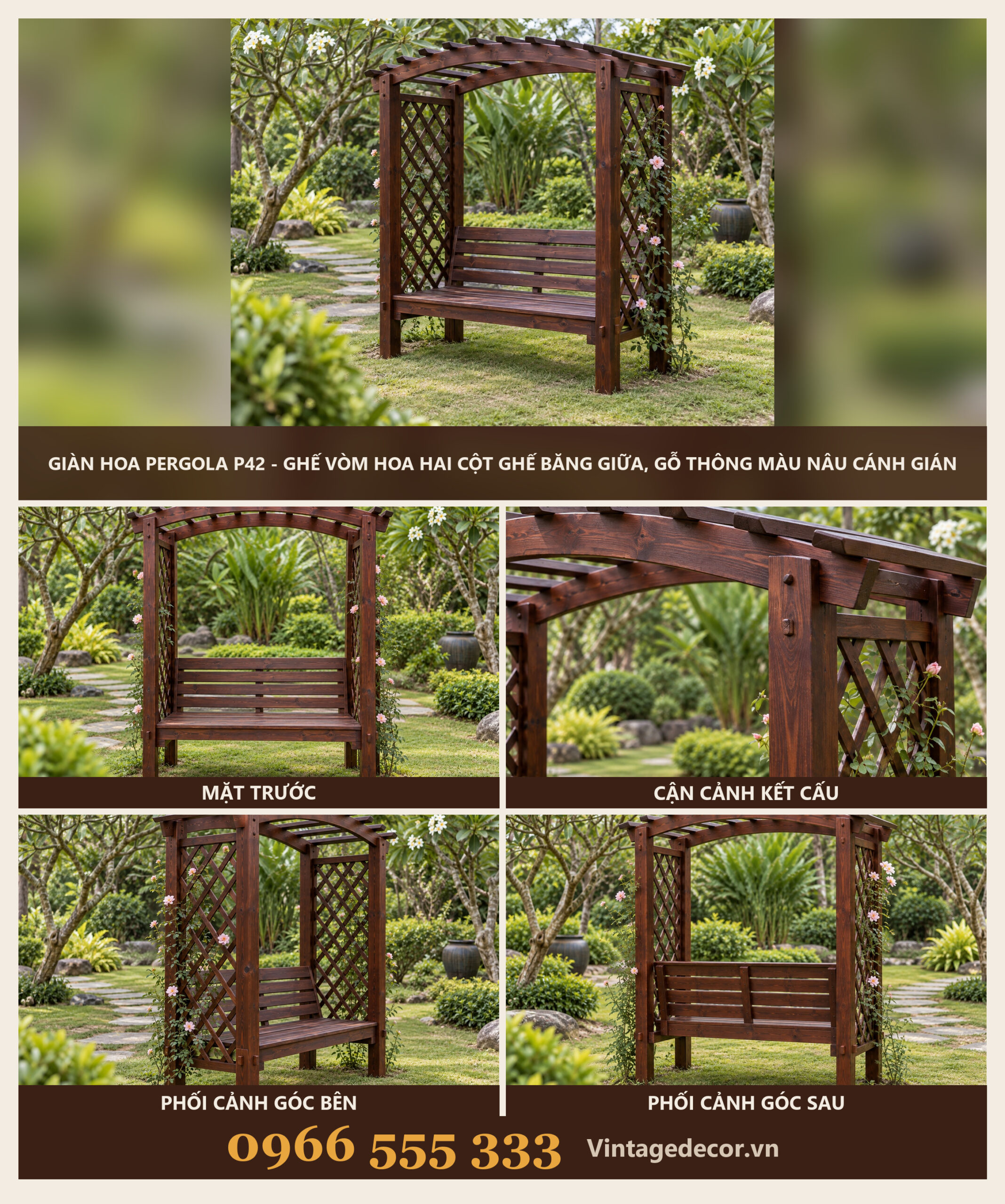 Giàn Hoa Pergola P42 - Ghế Vòm Hoa Hai Cột Ghế Băng Giữa, Gỗ Thông Màu Nâu Cánh Gián Giàn Hoa Pergola P42 - Ghế Vòm Hoa Hai Cột Ghế Băng Giữa, Gỗ Thông Màu Nâu Cánh Gián