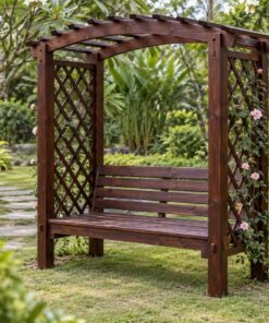 Giàn Hoa Pergola P42 - Ghế Vòm Hoa Hai Cột Ghế Băng Giữa, Gỗ Thông Màu Nâu Cánh Gián