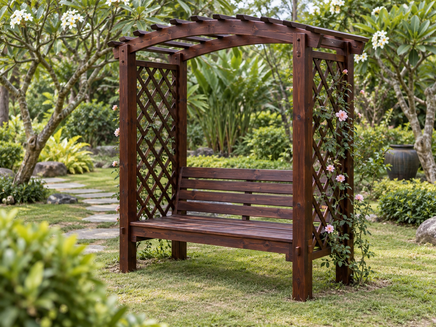 Giàn Hoa Pergola P42 - Ghế Vòm Hoa Hai Cột Ghế Băng Giữa, Gỗ Thông Màu Nâu Cánh Gián Giàn Hoa Pergola P42 - Ghế Vòm Hoa Hai Cột Ghế Băng Giữa, Gỗ Thông Màu Nâu Cánh Gián