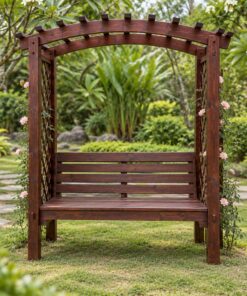 Giàn Hoa Pergola P42 - Ghế Vòm Hoa Hai Cột Ghế Băng Giữa, Gỗ Thông Màu Nâu Cánh Gián