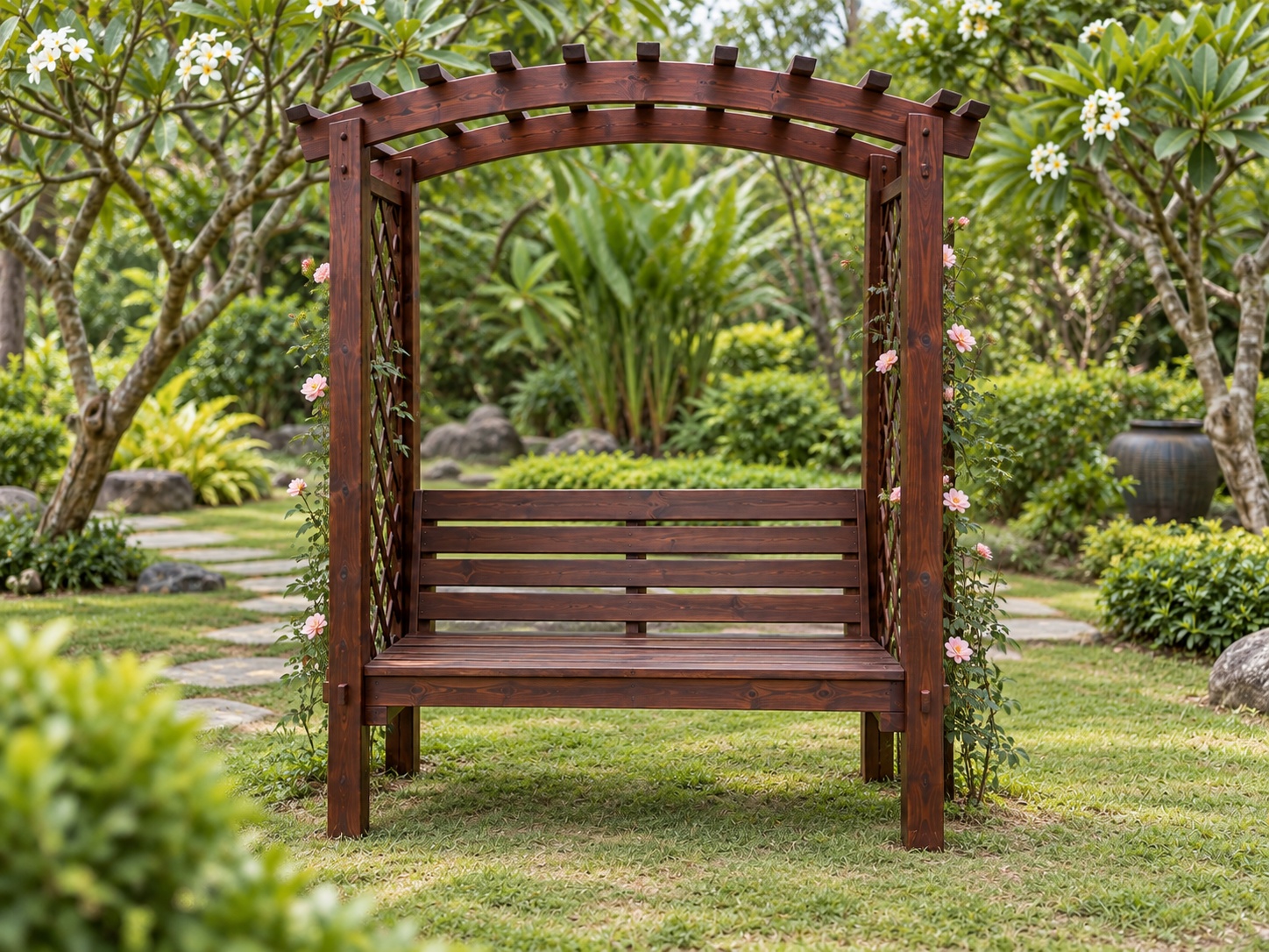 Giàn Hoa Pergola P42 - Ghế Vòm Hoa Hai Cột Ghế Băng Giữa, Gỗ Thông Màu Nâu Cánh Gián Giàn Hoa Pergola P42 - Ghế Vòm Hoa Hai Cột Ghế Băng Giữa, Gỗ Thông Màu Nâu Cánh Gián