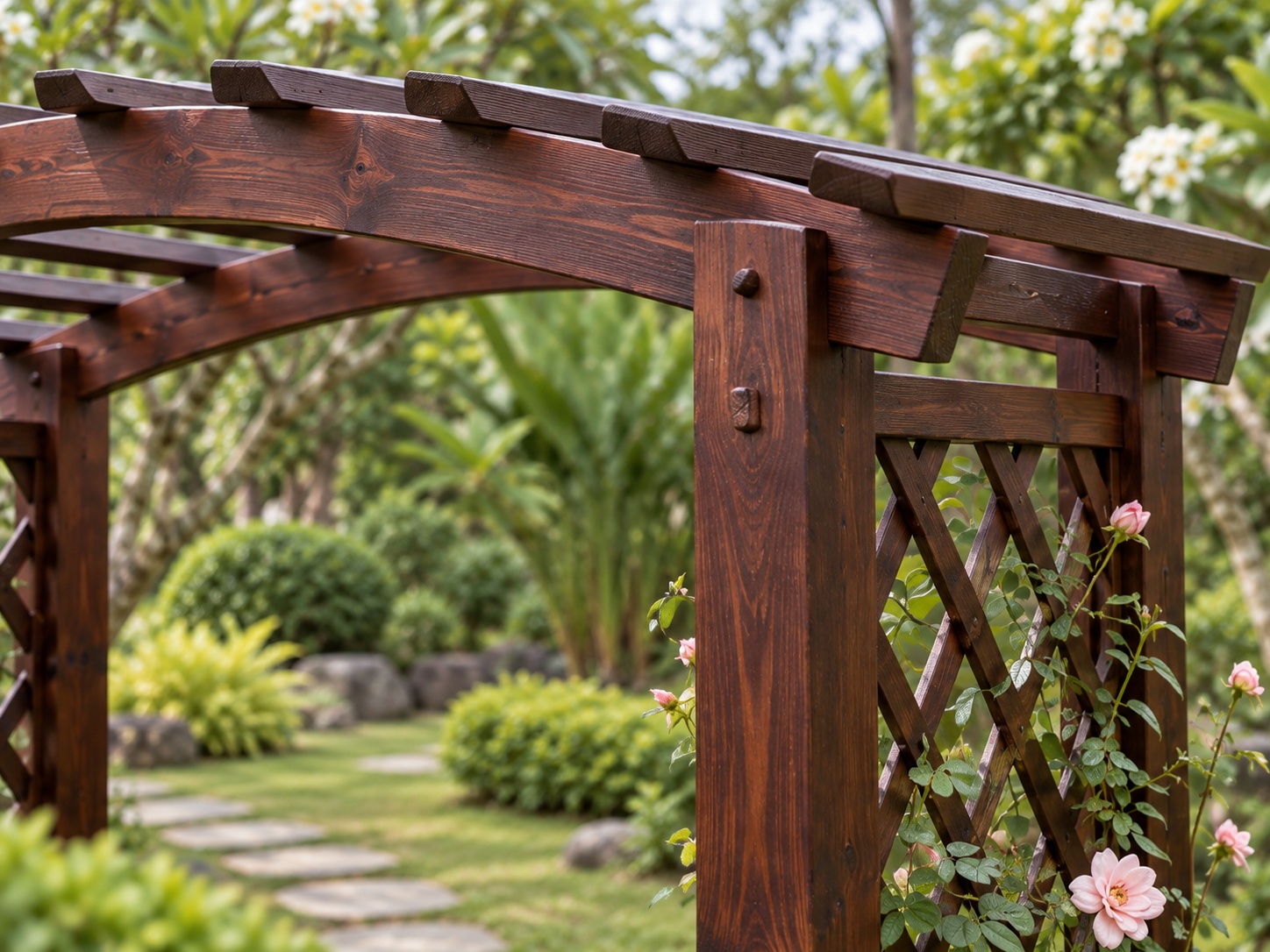 Giàn Hoa Pergola P42 - Ghế Vòm Hoa Hai Cột Ghế Băng Giữa, Gỗ Thông Màu Nâu Cánh Gián Giàn Hoa Pergola P42 - Ghế Vòm Hoa Hai Cột Ghế Băng Giữa, Gỗ Thông Màu Nâu Cánh Gián
