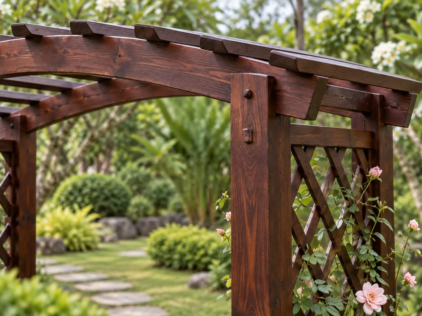 Cận vòm P42: dầm cong chốt vào đầu cột gỗ, lưới mắt cáo đan chéo, hoa hồng leo nở bên chân