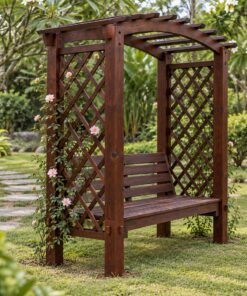 Giàn Hoa Pergola P42 - Ghế Vòm Hoa Hai Cột Ghế Băng Giữa, Gỗ Thông Màu Nâu Cánh Gián