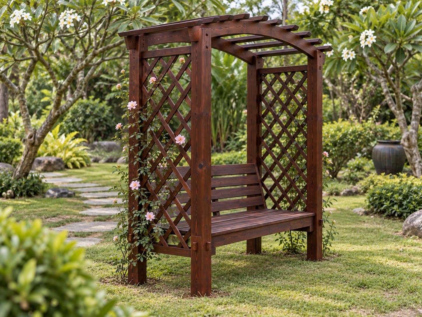 Giàn Hoa Pergola P42 - Ghế Vòm Hoa Hai Cột Ghế Băng Giữa, Gỗ Thông Màu Nâu Cánh Gián Giàn Hoa Pergola P42 - Ghế Vòm Hoa Hai Cột Ghế Băng Giữa, Gỗ Thông Màu Nâu Cánh Gián