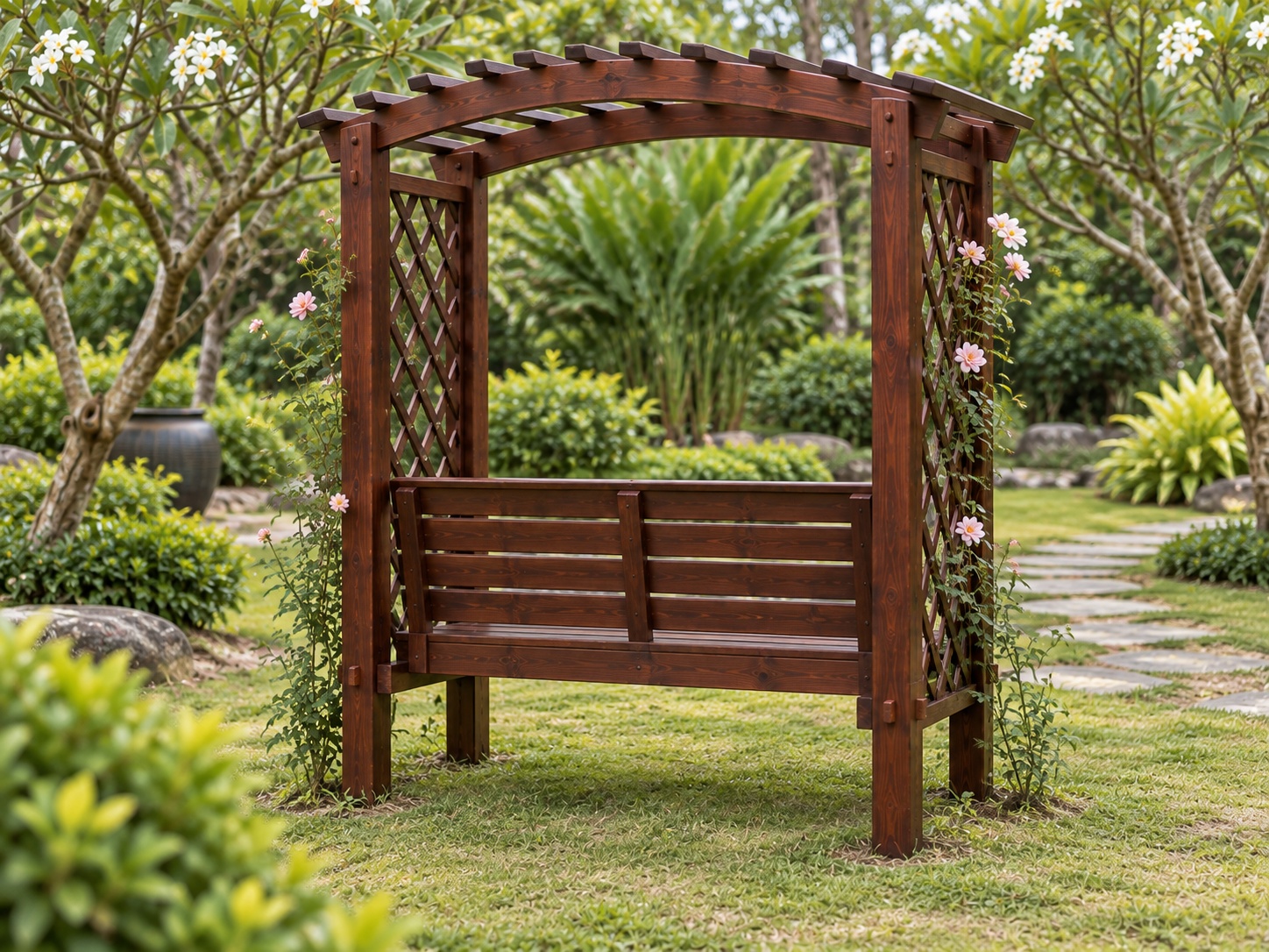 Giàn Hoa Pergola P42 - Ghế Vòm Hoa Hai Cột Ghế Băng Giữa, Gỗ Thông Màu Nâu Cánh Gián Giàn Hoa Pergola P42 - Ghế Vòm Hoa Hai Cột Ghế Băng Giữa, Gỗ Thông Màu Nâu Cánh Gián