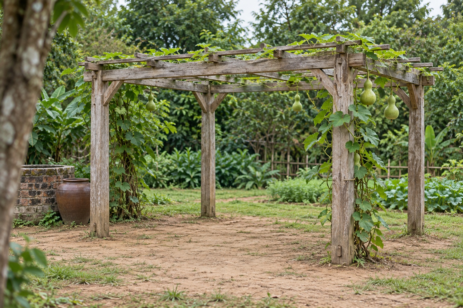 Giàn Hoa Pergola P43 - Giàn Trồng Bầu Bí Mái Phẳng Thấp, Gỗ Thông Màu Vintage Giàn Hoa Pergola P43 - Giàn Trồng Bầu Bí Mái Phẳng Thấp, Gỗ Thông Màu Vintage