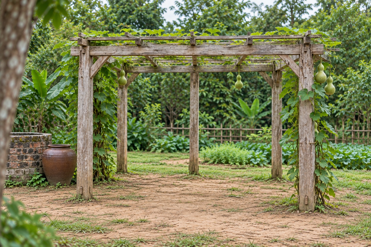 Giàn Hoa Pergola P43 - Giàn Trồng Bầu Bí Mái Phẳng Thấp, Gỗ Thông Màu Vintage Giàn Hoa Pergola P43 - Giàn Trồng Bầu Bí Mái Phẳng Thấp, Gỗ Thông Màu Vintage