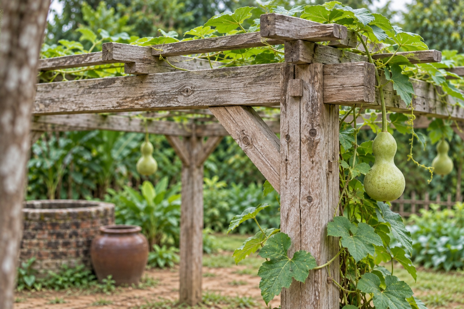 Giàn Hoa Pergola P43 - Giàn Trồng Bầu Bí Mái Phẳng Thấp, Gỗ Thông Màu Vintage Giàn Hoa Pergola P43 - Giàn Trồng Bầu Bí Mái Phẳng Thấp, Gỗ Thông Màu Vintage