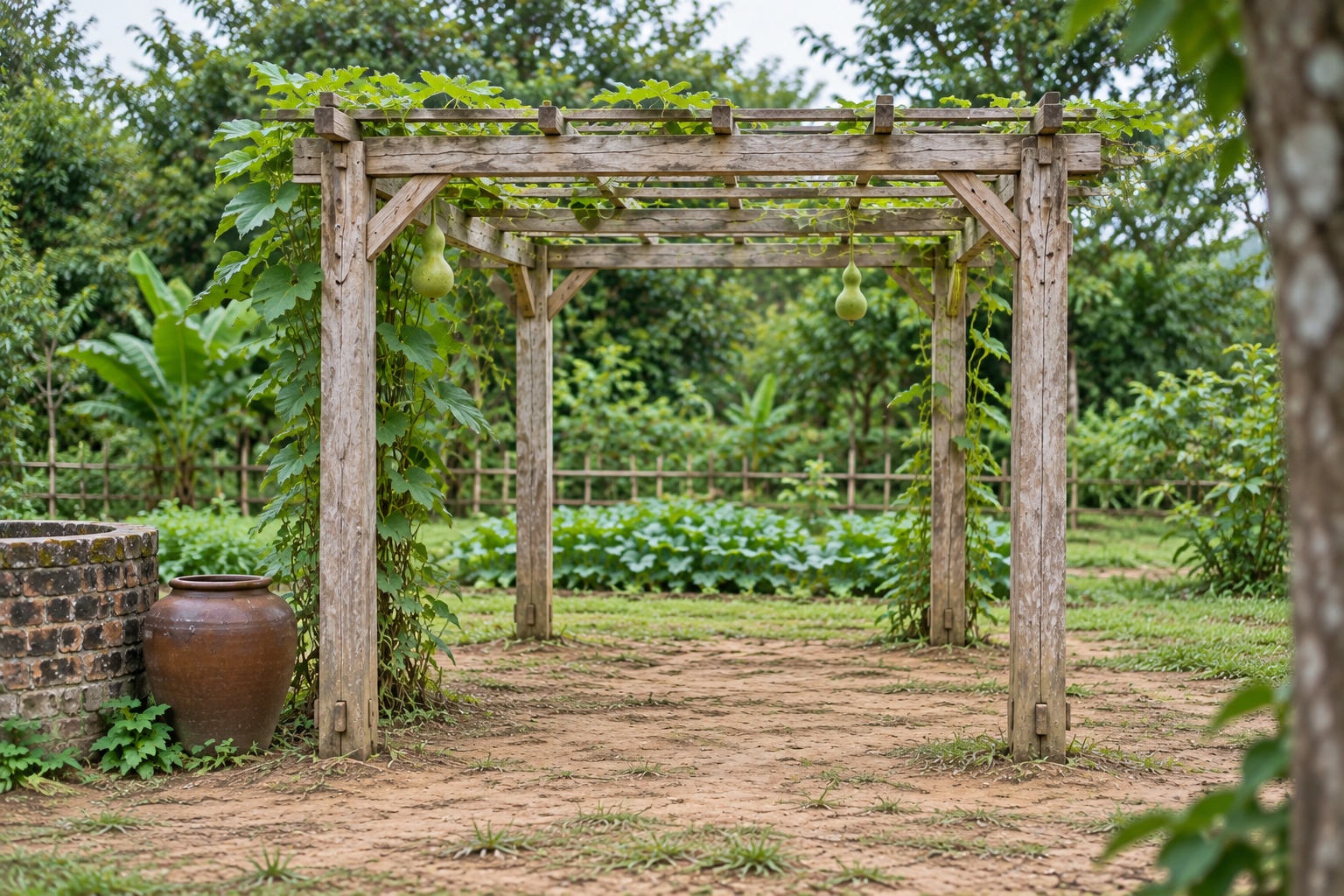 Giàn Hoa Pergola P43 - Giàn Trồng Bầu Bí Mái Phẳng Thấp, Gỗ Thông Màu Vintage Giàn Hoa Pergola P43 - Giàn Trồng Bầu Bí Mái Phẳng Thấp, Gỗ Thông Màu Vintage