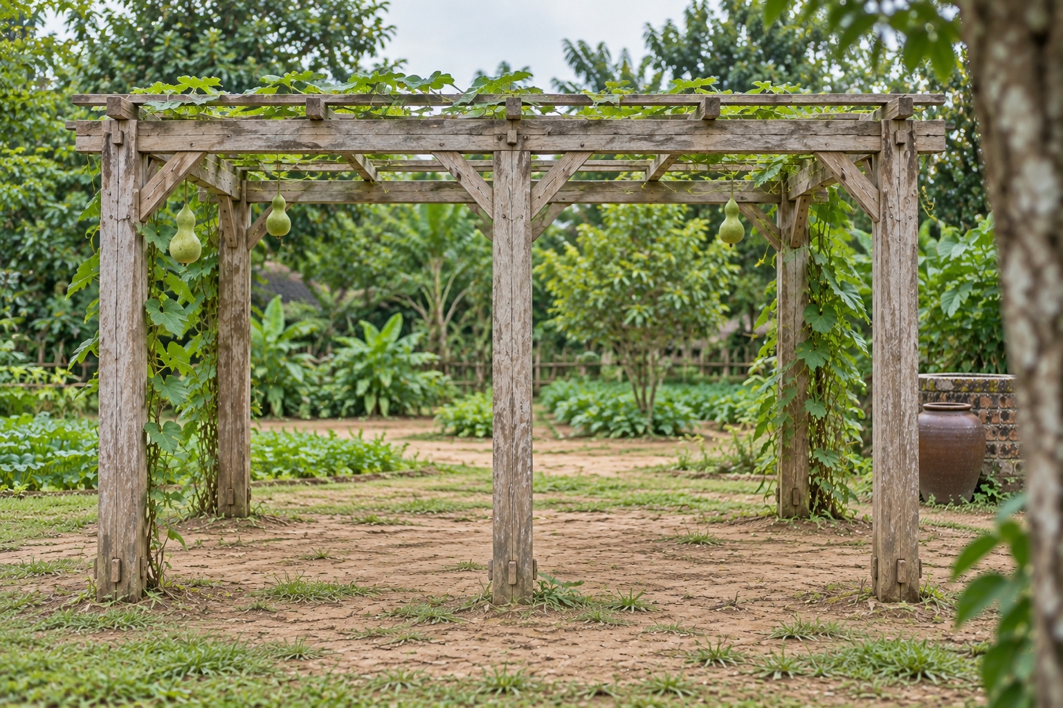 Giàn Hoa Pergola P43 - Giàn Trồng Bầu Bí Mái Phẳng Thấp, Gỗ Thông Màu Vintage Giàn Hoa Pergola P43 - Giàn Trồng Bầu Bí Mái Phẳng Thấp, Gỗ Thông Màu Vintage