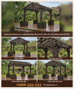 Giàn hoa pergola P44 bốn bồn hoa quanh cột – ảnh ghép mặt trước, kết cấu, góc bên, góc sau