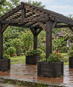 Giàn Hoa Pergola P44 - Bốn Bồn Hoa Gỗ Quanh Chân Cột, Gỗ Thông Màu Gỗ Cháy