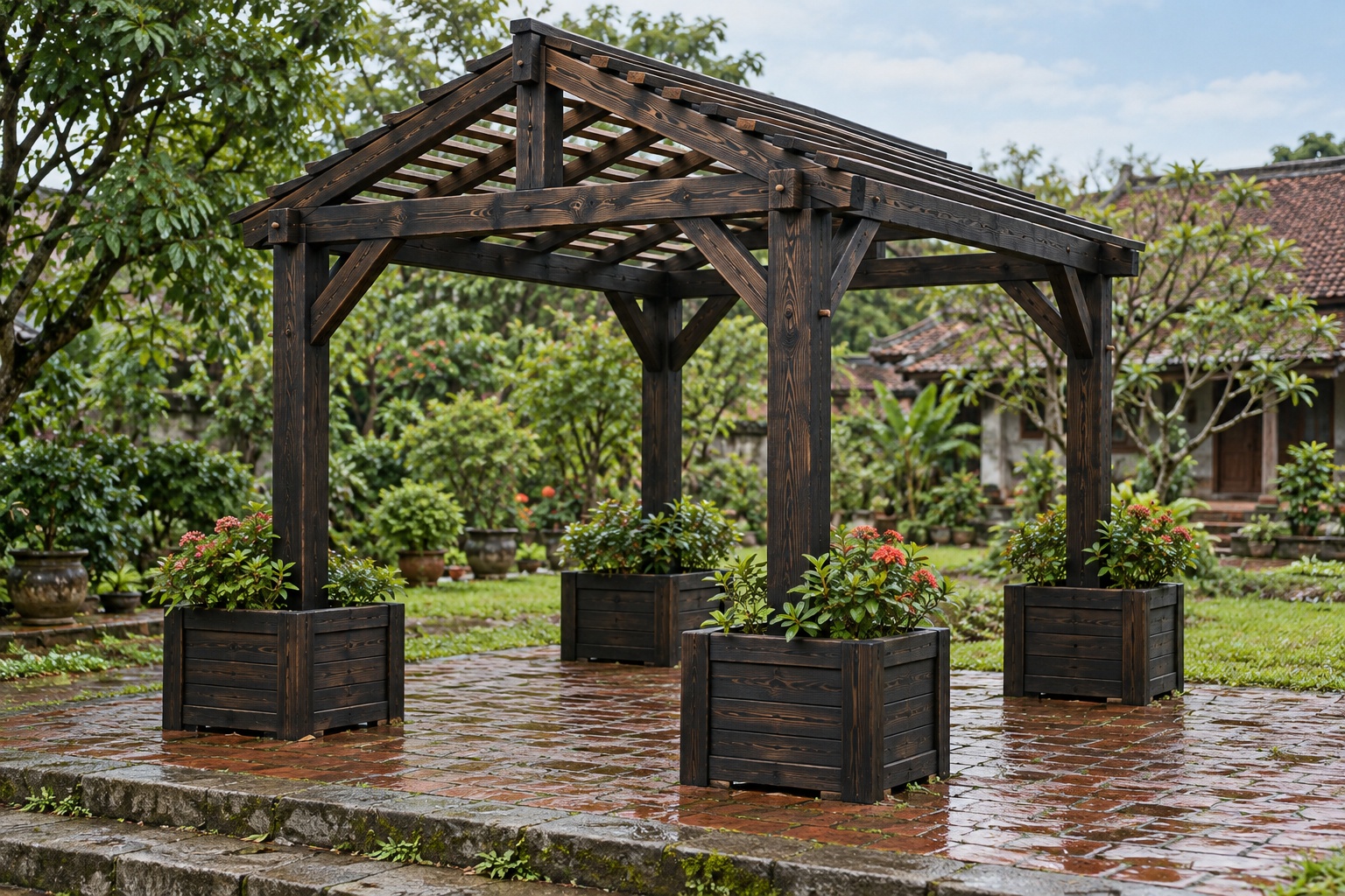 Giàn Hoa Pergola P44 - Bốn Bồn Hoa Gỗ Quanh Chân Cột, Gỗ Thông Màu Gỗ Cháy Giàn Hoa Pergola P44 - Bốn Bồn Hoa Gỗ Quanh Chân Cột, Gỗ Thông Màu Gỗ Cháy