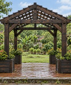 Giàn Hoa Pergola P44 - Bốn Bồn Hoa Gỗ Quanh Chân Cột, Gỗ Thông Màu Gỗ Cháy