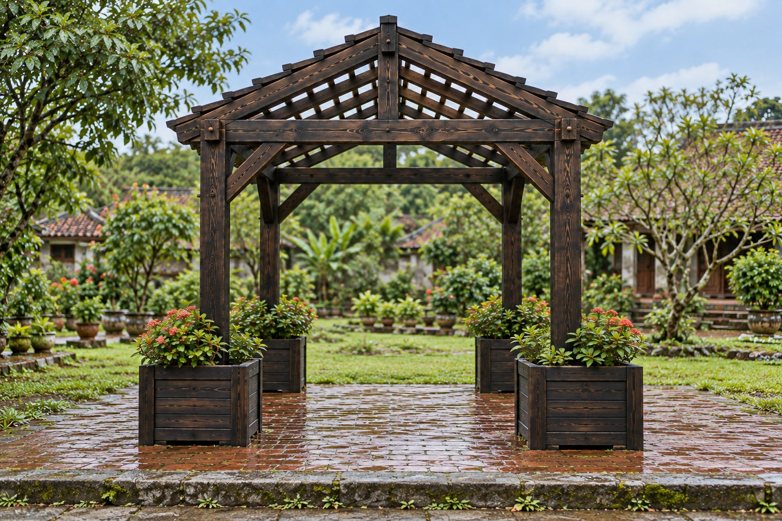 Giàn Hoa Pergola P44 - Bốn Bồn Hoa Gỗ Quanh Chân Cột, Gỗ Thông Màu Gỗ Cháy Giàn Hoa Pergola P44 - Bốn Bồn Hoa Gỗ Quanh Chân Cột, Gỗ Thông Màu Gỗ Cháy