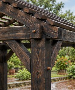 Giàn Hoa Pergola P44 - Bốn Bồn Hoa Gỗ Quanh Chân Cột, Gỗ Thông Màu Gỗ Cháy