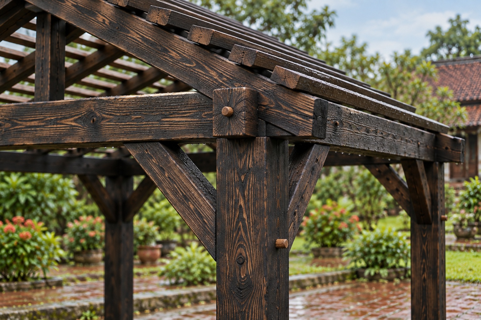 Giàn Hoa Pergola P44 - Bốn Bồn Hoa Gỗ Quanh Chân Cột, Gỗ Thông Màu Gỗ Cháy Giàn Hoa Pergola P44 - Bốn Bồn Hoa Gỗ Quanh Chân Cột, Gỗ Thông Màu Gỗ Cháy