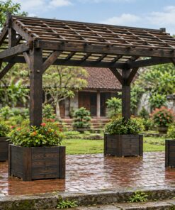 Giàn Hoa Pergola P44 - Bốn Bồn Hoa Gỗ Quanh Chân Cột, Gỗ Thông Màu Gỗ Cháy