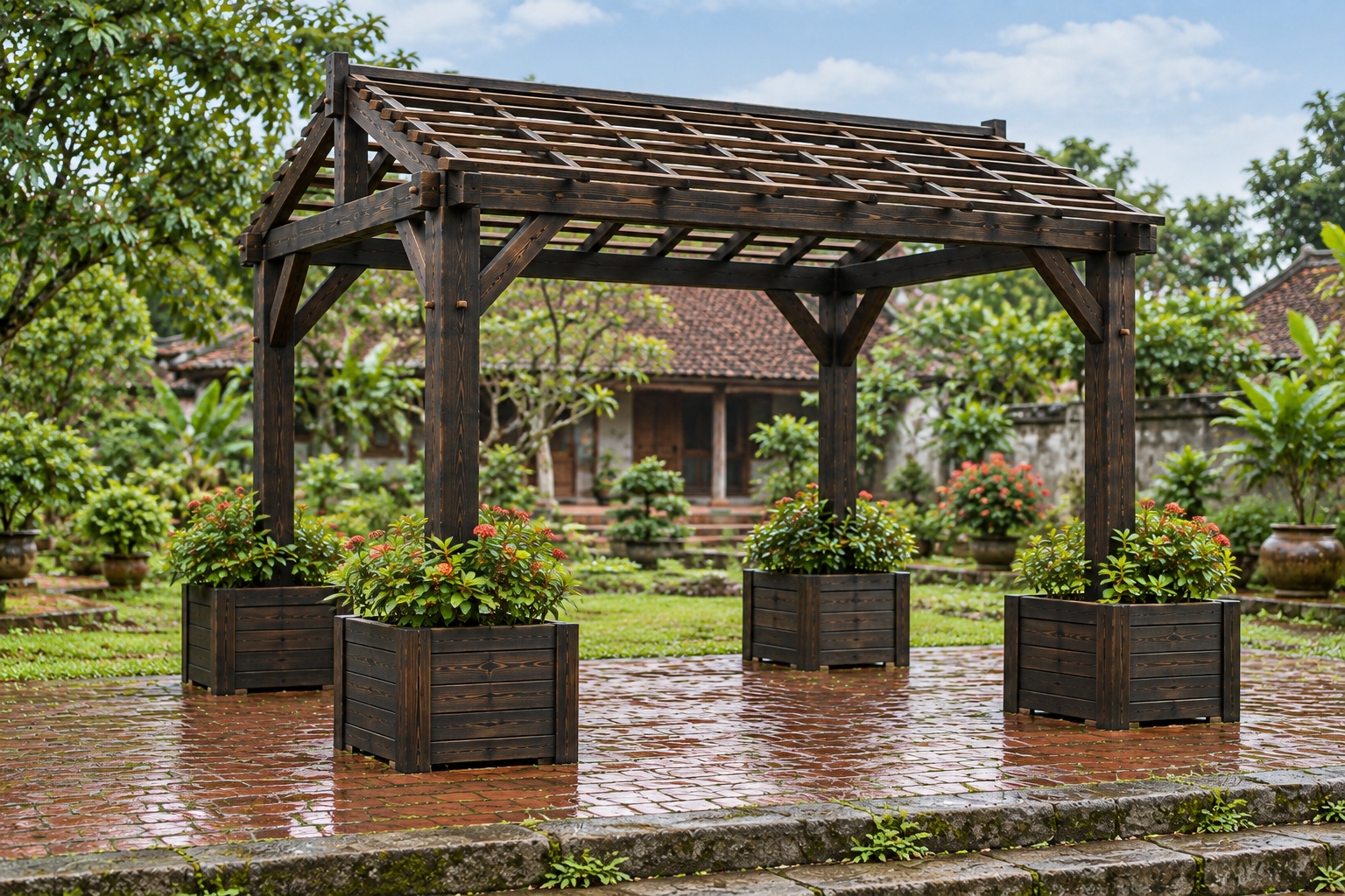 Giàn Hoa Pergola P44 - Bốn Bồn Hoa Gỗ Quanh Chân Cột, Gỗ Thông Màu Gỗ Cháy Giàn Hoa Pergola P44 - Bốn Bồn Hoa Gỗ Quanh Chân Cột, Gỗ Thông Màu Gỗ Cháy