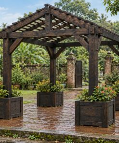 Giàn Hoa Pergola P44 - Bốn Bồn Hoa Gỗ Quanh Chân Cột, Gỗ Thông Màu Gỗ Cháy
