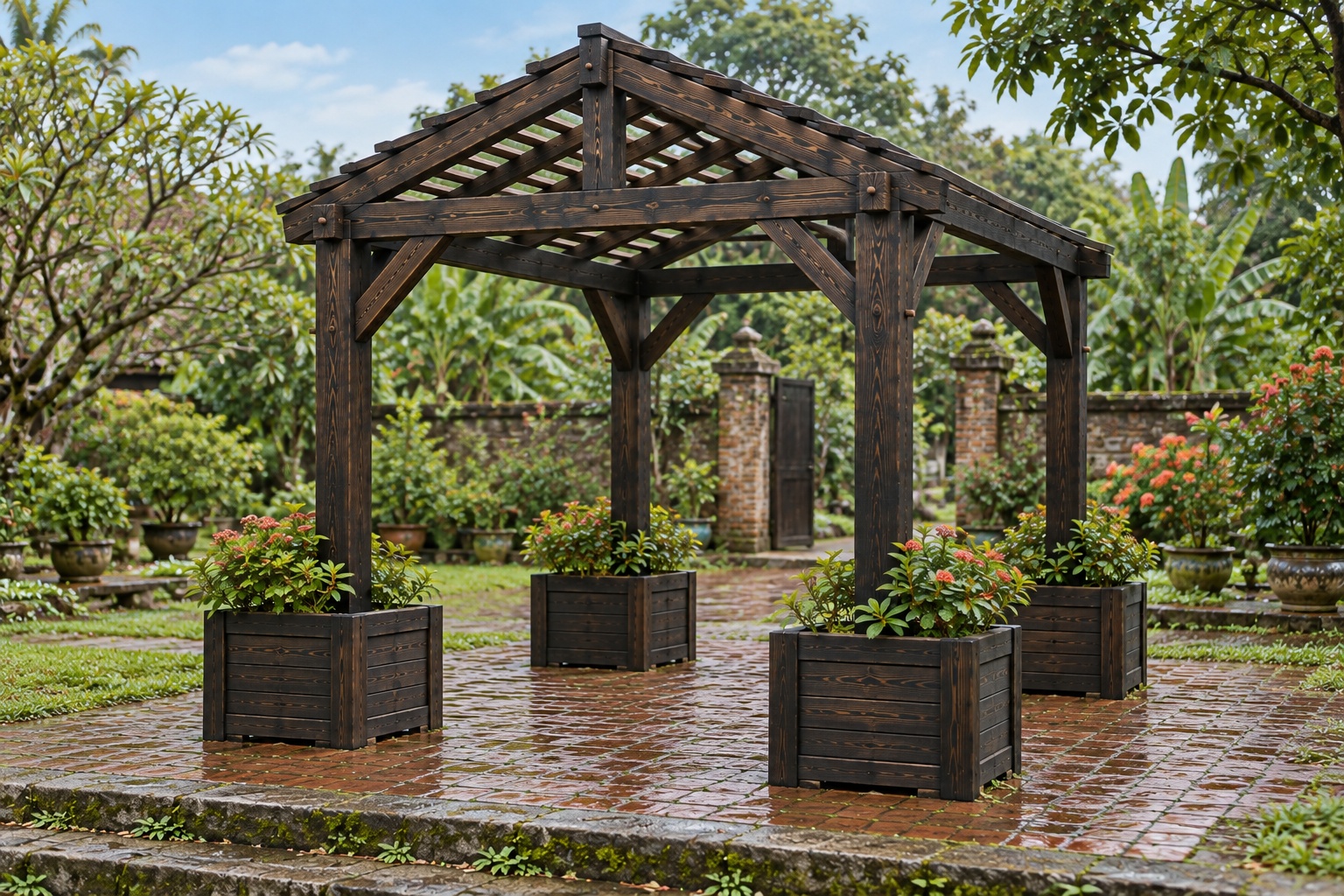 Giàn Hoa Pergola P44 - Bốn Bồn Hoa Gỗ Quanh Chân Cột, Gỗ Thông Màu Gỗ Cháy Giàn Hoa Pergola P44 - Bốn Bồn Hoa Gỗ Quanh Chân Cột, Gỗ Thông Màu Gỗ Cháy