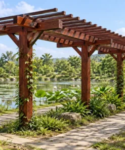 Giàn hoa P45 một hàng cột nâu đỏ giữa dải cây, hai lối lát hai bên, hồ sen cuối trục