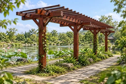 Giàn Hoa Pergola P45 - Một Hàng Cột Dầm Chìa Hai Bên Hình Chữ T, Gỗ Thông Màu Nâu Đỏ Giàn hoa P45 một hàng cột nâu đỏ giữa dải cây, hai lối lát hai bên, hồ sen cuối trục