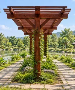 Giàn hoa P45 nhìn dọc trục, dầm chữ T chìa đều qua hai lối đi