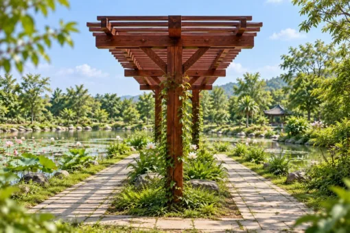 Giàn Hoa Pergola P45 - Một Hàng Cột Dầm Chìa Hai Bên Hình Chữ T, Gỗ Thông Màu Nâu Đỏ Giàn hoa P45 nhìn dọc trục, dầm chữ T chìa đều qua hai lối đi