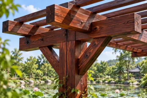 Giàn Hoa Pergola P45 - Một Hàng Cột Dầm Chìa Hai Bên Hình Chữ T, Gỗ Thông Màu Nâu Đỏ Giàn hoa P45 – cận cảnh dầm ôm đầu cột, hai thanh chống chéo đỡ hai bên