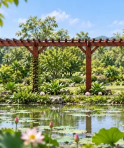 Giàn hoa P45 – nhìn ngang từ phía hồ sen, hàng cột thẳng tắp