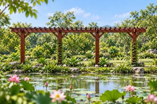 Giàn Hoa Pergola P45 - Một Hàng Cột Dầm Chìa Hai Bên Hình Chữ T, Gỗ Thông Màu Nâu Đỏ Giàn hoa P45 – nhìn ngang từ phía hồ sen, hàng cột thẳng tắp